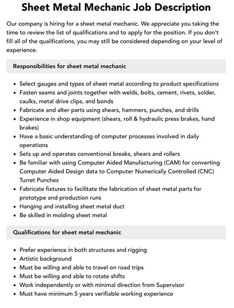 aircraft sheet metal mechanic job description|sheet metal mechanic job description.